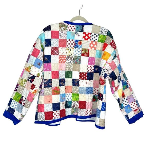 Handamde Jacket Womens Large Colorful Patchwork Quilted Open Front Rainbow - Picture 2 of 16